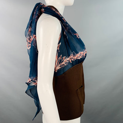 Haut en soie façon robe dos nu HERMÈS, taille S/M, en mélange de viscose marron et cobalt