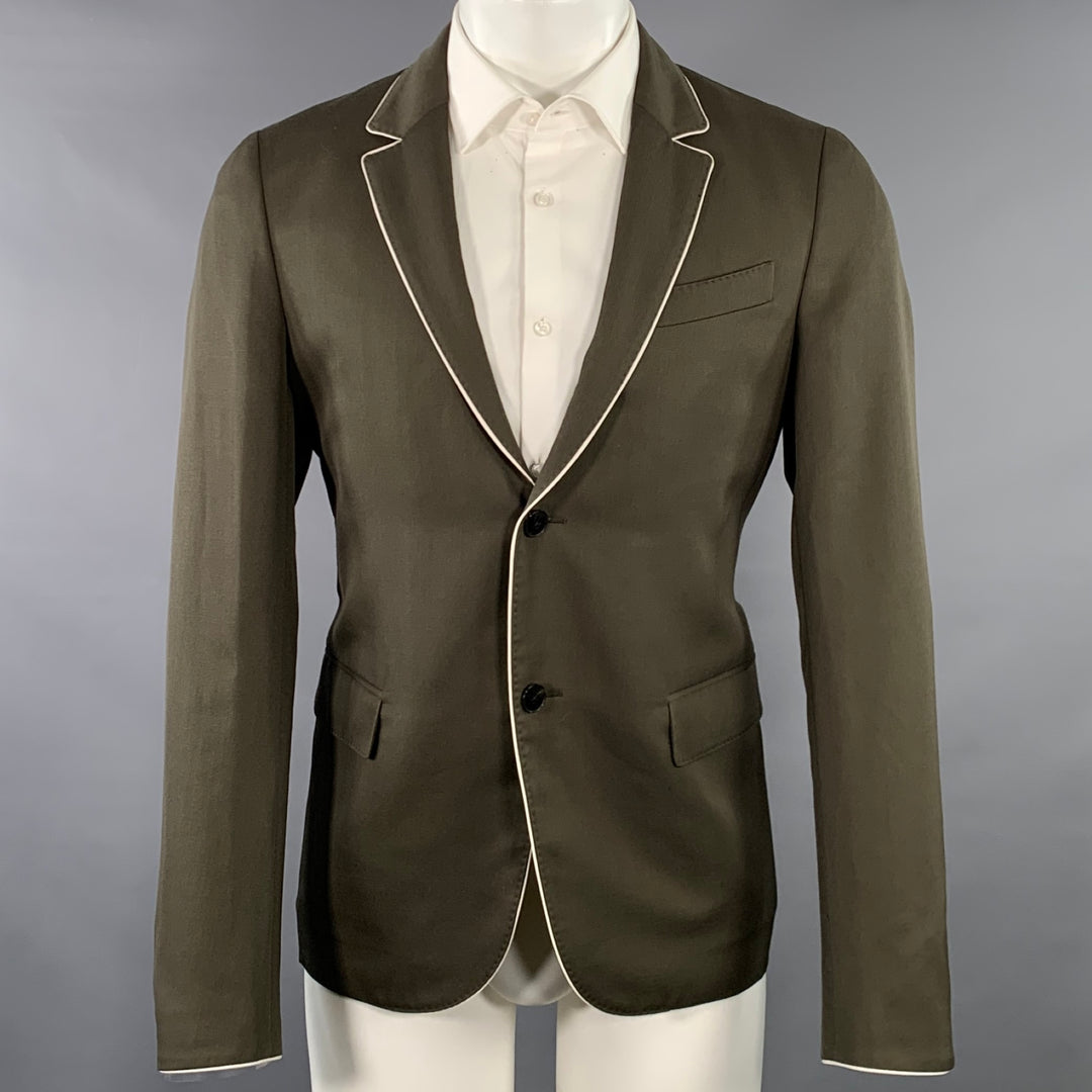 VALENTINO Size 36 Olive White Wool Twill Contrast Trim Notch Lapel Sport Coat