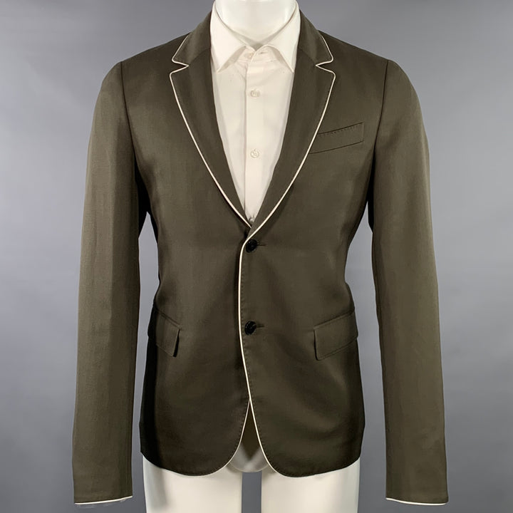 VALENTINO Size 36 Olive White Wool Twill Contrast Trim Notch Lapel Sport Coat