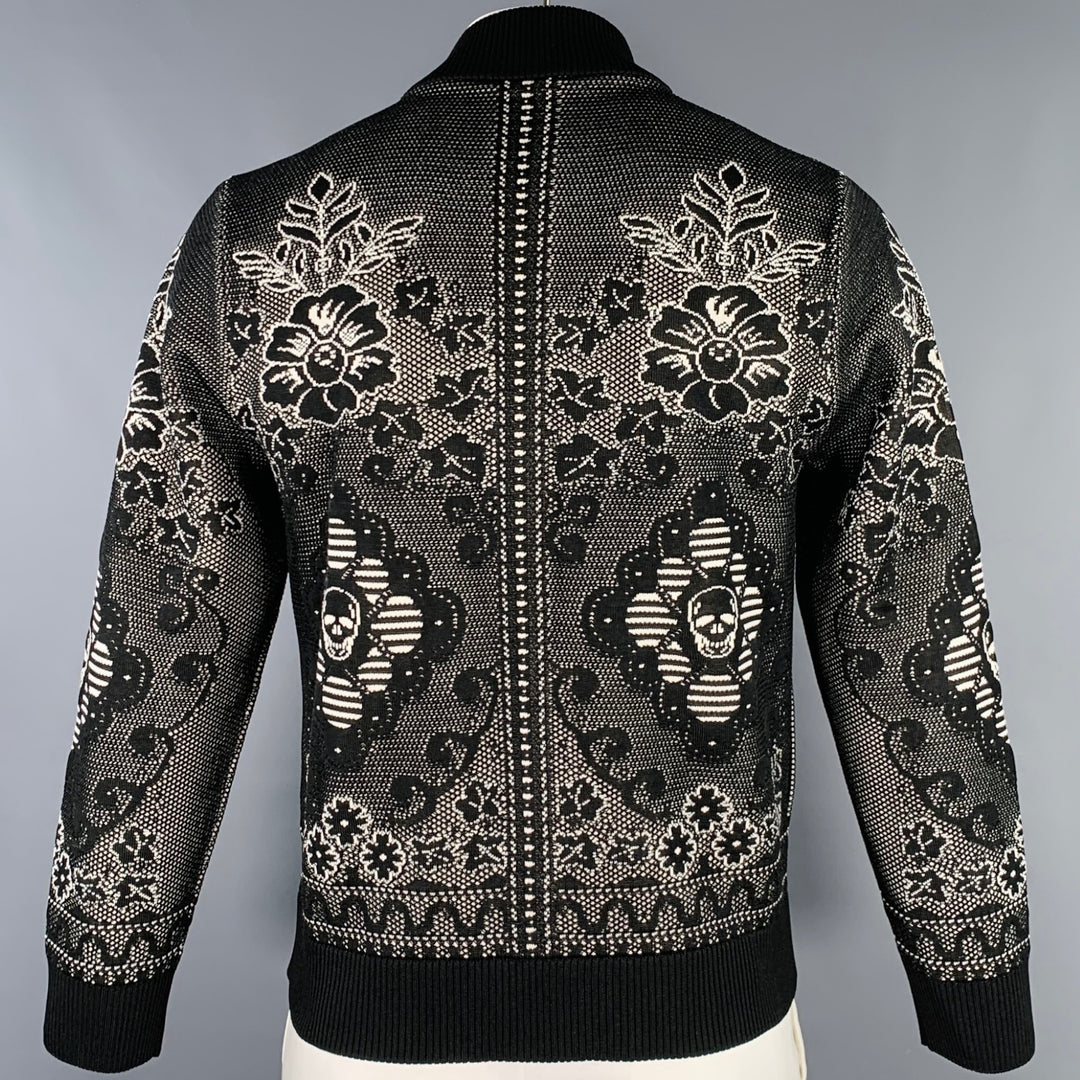 ALEXANDER MCQUEEN Size L Black White Floral Wool Blend Bomber Jacket