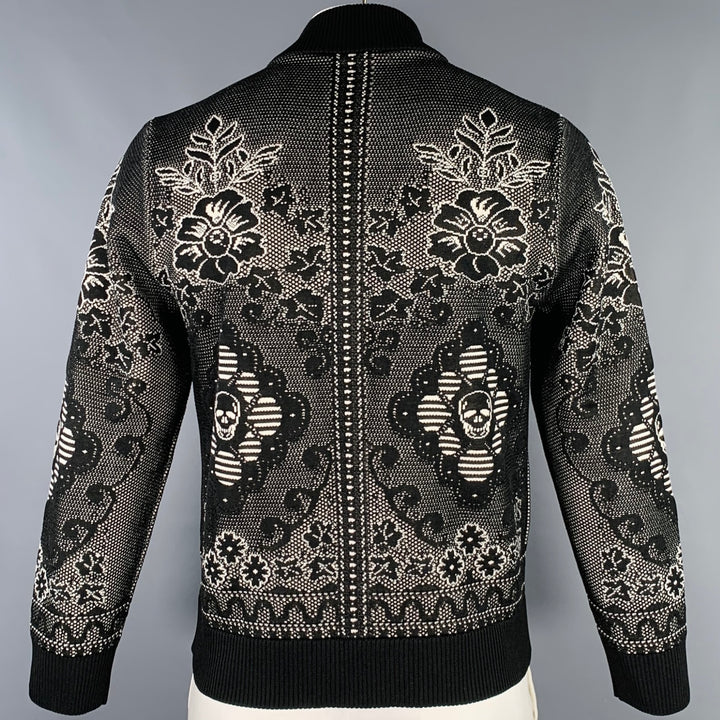 ALEXANDER MCQUEEN Size L Black White Floral Wool Blend Bomber Jacket