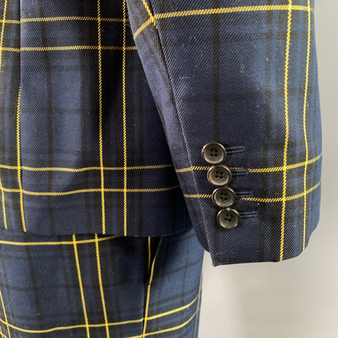 JOSEPH Chest Size 42 Navy Yellow Plaid Cotton Notch Lapel 34 30 Suit