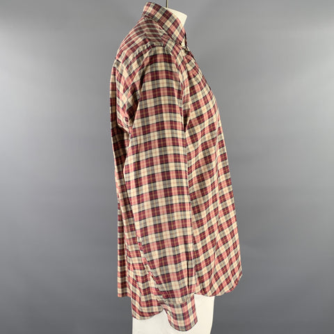 BRIONI Size L Burgundy Tan Tartan Cotton Button Down Long Sleeve Shirt