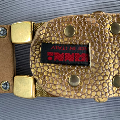 NANNI Waist Size 36 Gold Crackled Leather Trim Metallic Metal Belt