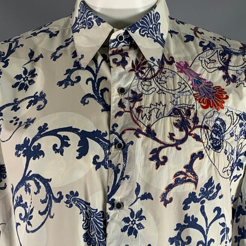 ROBERT GRAHAM Size L Beige Navy Print Cotton Button Up Long Sleeve Shirt