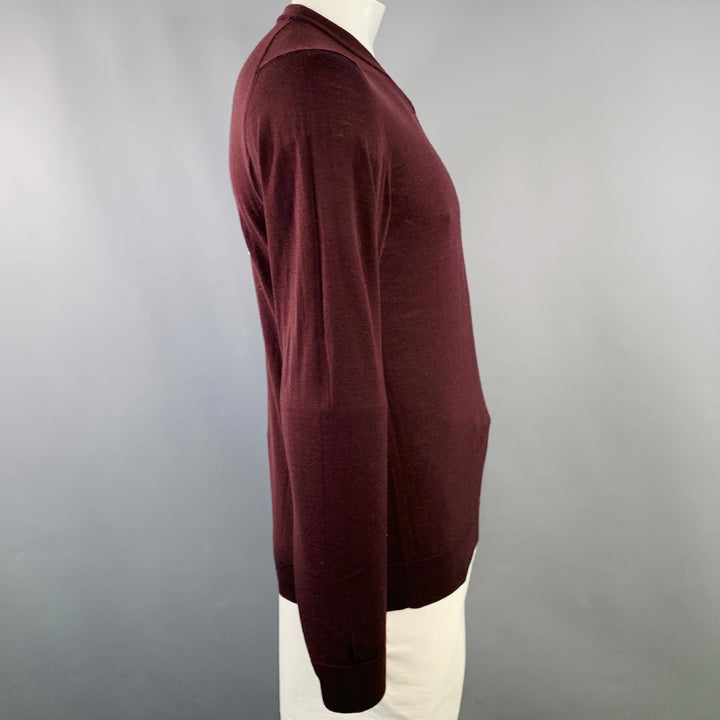 LANVIN Size L Burgundy Wool Blend V-Neck Pullover