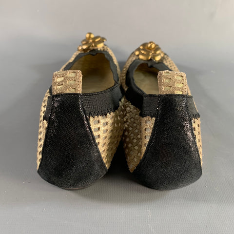 CHANEL Size 10 Gold Black Mesh Textured Ballet Flats