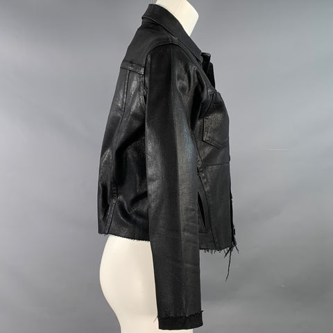 L'AGENCE Size M Black Coated Cotton Blend Raw Edge Denim Jacket