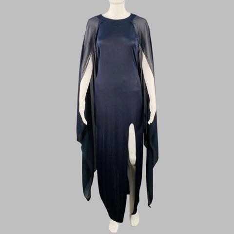 FENZY Size S Navy Polyester Blend See Through Open Sleeves High Slit Dress