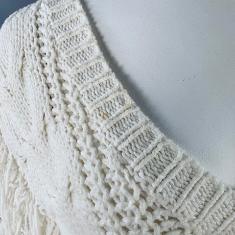 IRO Size XL Cream Cotton Blend Cable Knit Fringe Oversized V-Neck Sweater