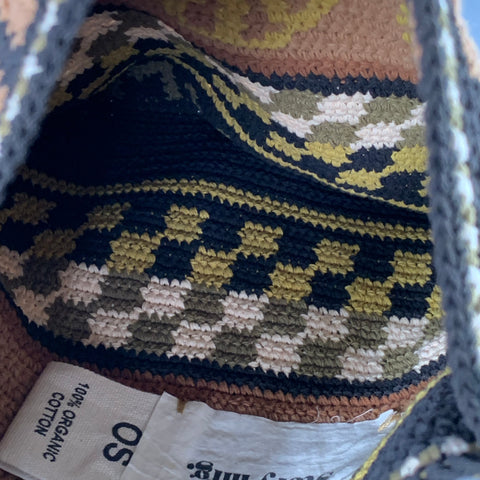 STORY MFG. Black Beige Crochet Cotton Logo Mixed Patterns Crossbody Bag