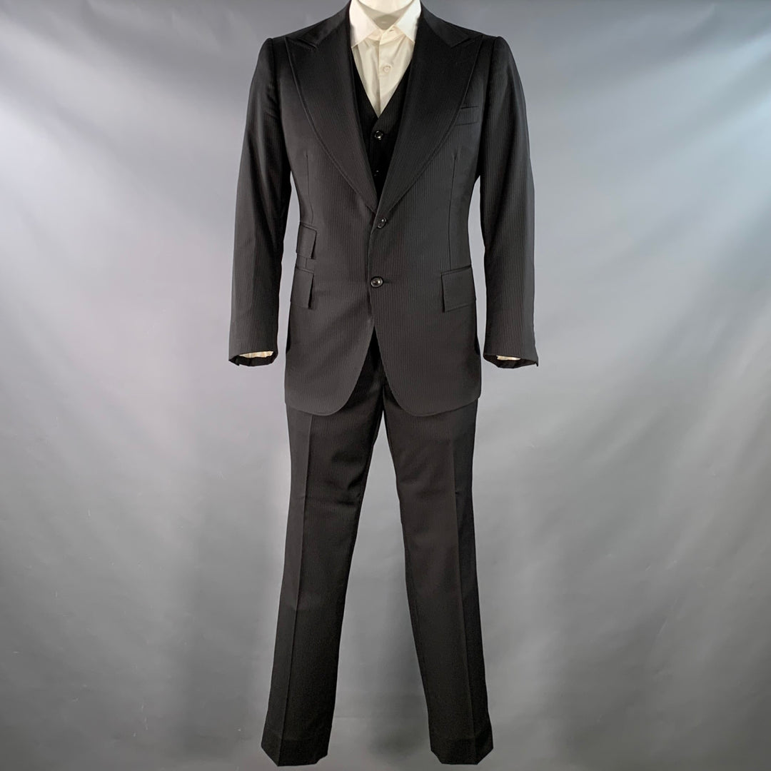 ASTOR & BLACK Size 44 Black Grey Stripe Single Breasted Peak Lapel 3 Piece Suit