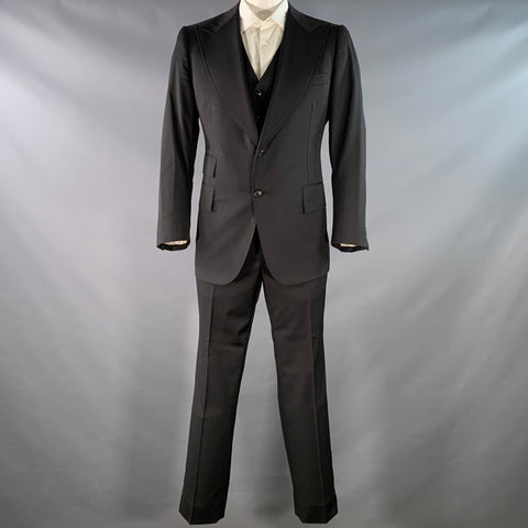 ASTOR & BLACK Size 44 Black Grey Stripe Single Breasted Peak Lapel 3 Piece Suit