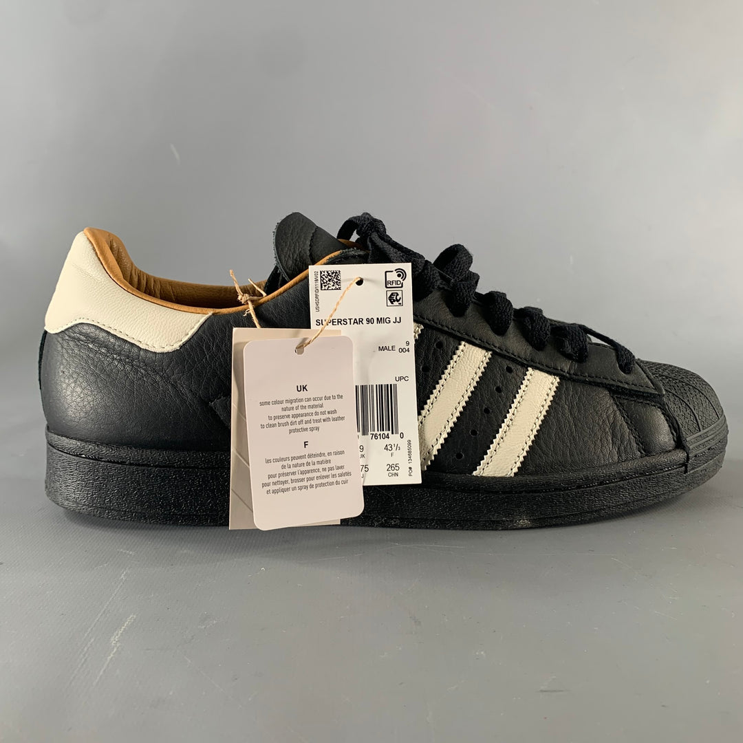 ADIDAS Size 9.5 Black White Leather Lace Sneakers
