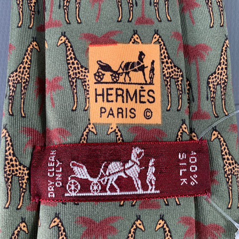 HERMES Green Beige Burgundy Giraffe Silk Tie