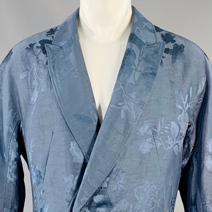 HAIDER ACKERMANN Size 38 Teal Jacquard Linen Blend Single Breasted Peak Lapel Coat