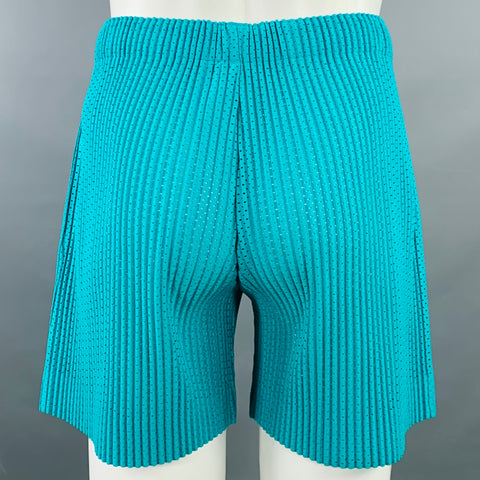 ISSEY MIYAKE HOMME PLISSE Size S Aqua Pleated Polyester Mesh Drawstring Waistband Button Fly Shorts