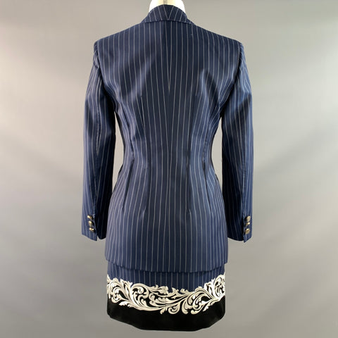 VERSACE SS2013 Size 4 Blue White Viscose & Cupra Pinstripe Notch Lapel Dress & Blazer Set