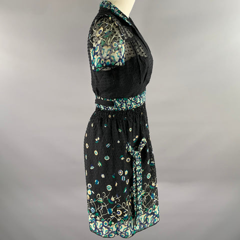 ANNA SUI Size 4 Black Blue Silk Floral Midi Knee-Length Dress