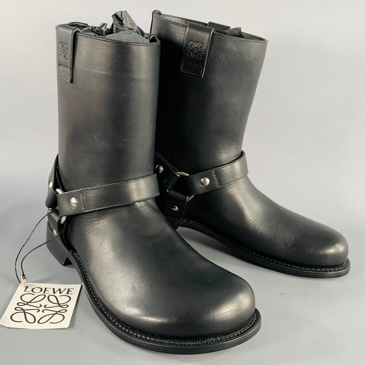 LOEWE Size 9 Campo Black Silver Harness Leather Pull On Boots