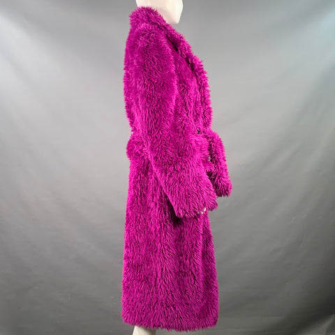 MSGM Size M Magenta Pink Modacrylic Blend Textured Faux Fur Notch Lapel Double Breasted Coat