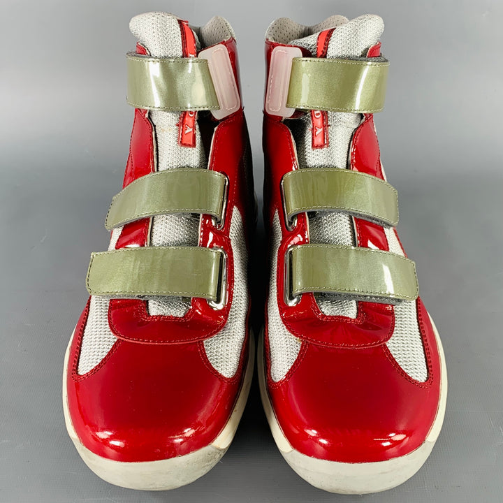 PRADA Size 11 America's Cup Red Silver  Mesh High Top Sneakers