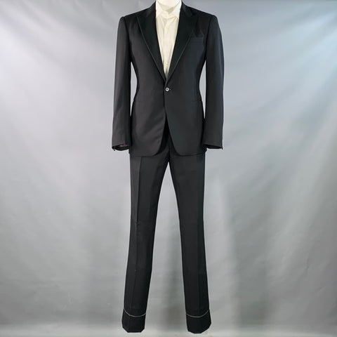 RALPH LAUREN Size 42 Long Black Wool Peak Lapel Single Button Tuxedo