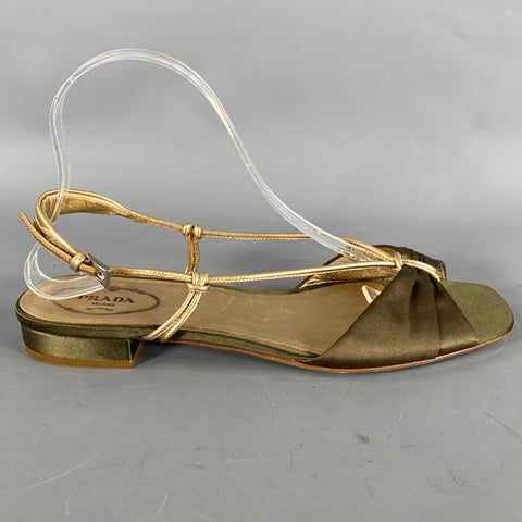 PRADA Size 9 Olive Gold Silk Metallic Leather Trim Strappy Sandals