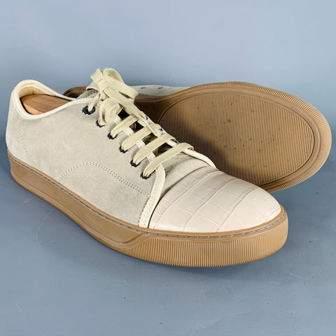 LANVIN Size 11 Beige Taupe Mixed Materials Suede Cap Toe Sneakers
