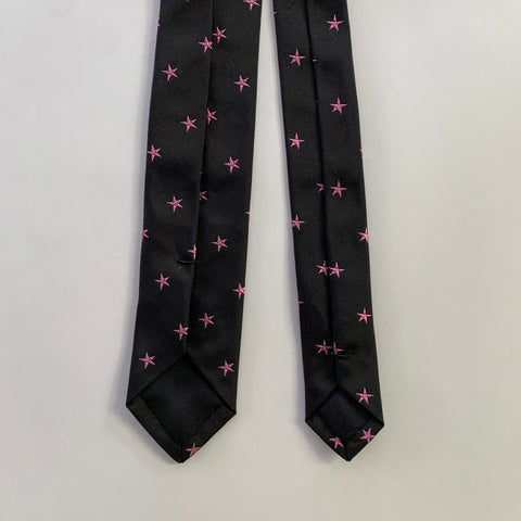 SAINT LAURENT Skinny Black Pink Stars Silk Tie