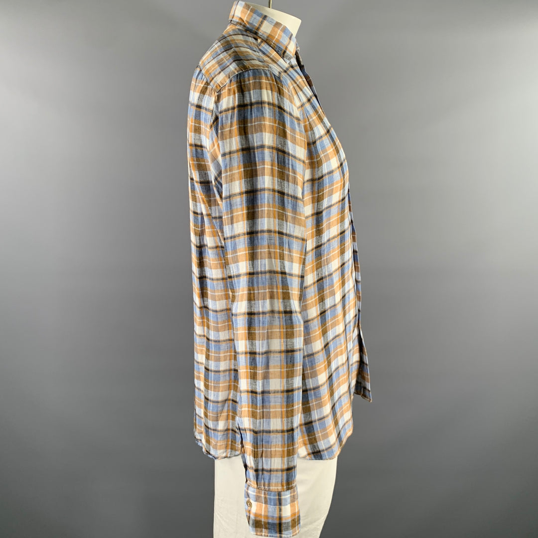 Chemise à manches longues BORRIELLO en lin à col italien à carreaux bleu, orange et blanc, taille XL
