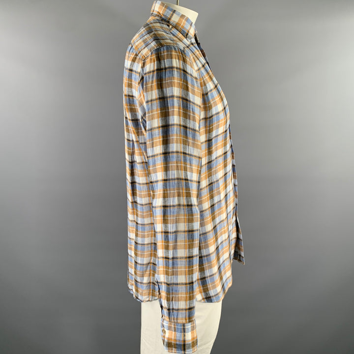 Chemise à manches longues BORRIELLO en lin à col italien à carreaux bleu, orange et blanc, taille XL