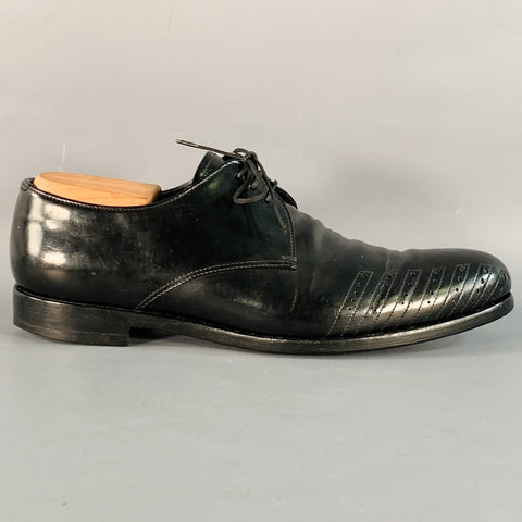 PRADA Size 7 Black Perforated Leather Derby Lace-Up Shoes