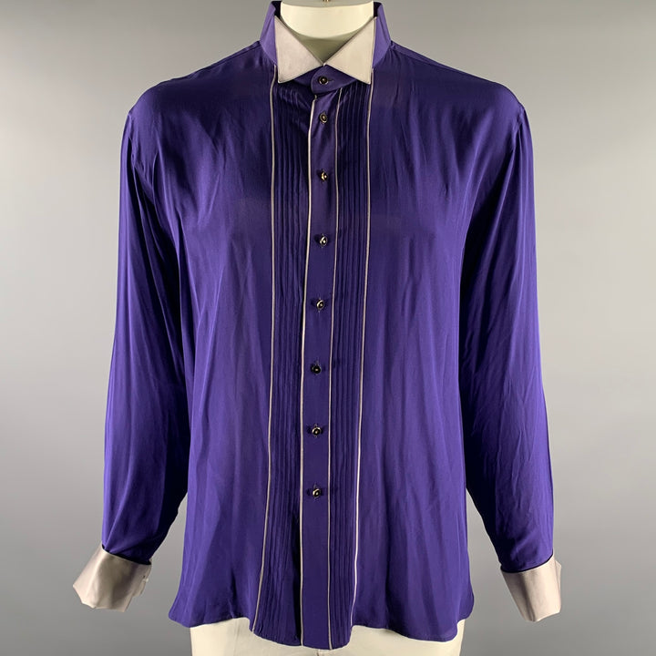 GERLIN Size XL Black Purple Alligator Print Pointed Collar Long Sleeve Shirt