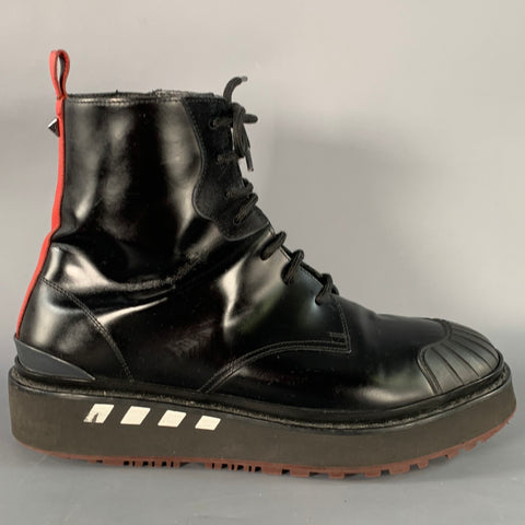 VALENTINO Size 8 Black Red Leather Rubber Sole Zip Lace-Up Boots