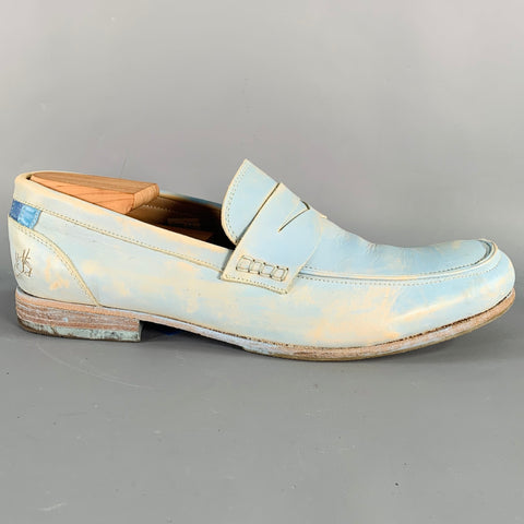 JOHN FLUEVOG Size 10 Light Blue Distressed Leather Penny Loafers