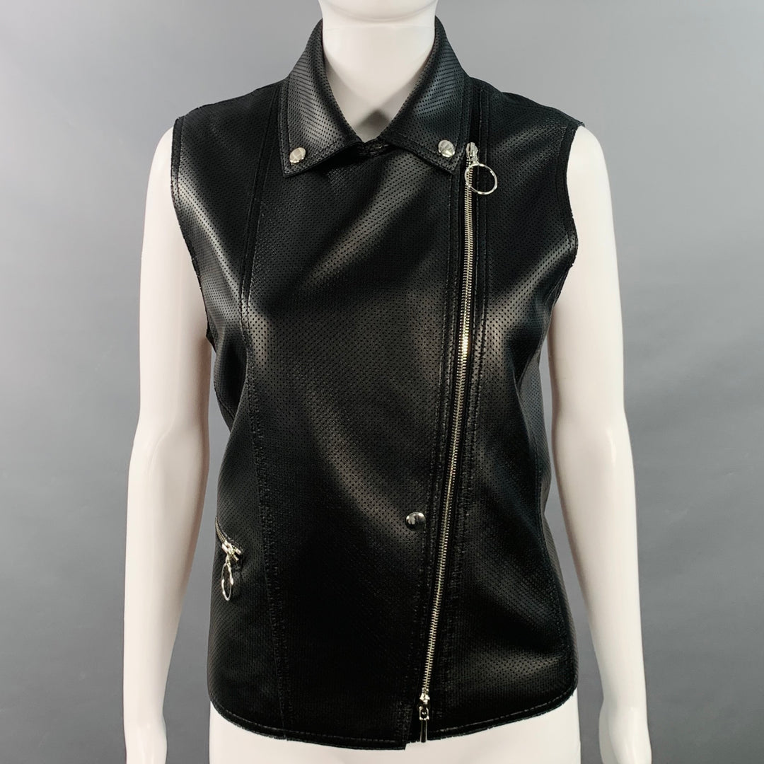 AKRIS Size 8 Black Perforated Lambskin Leather Zip Up Vest