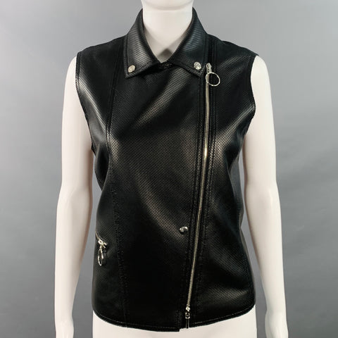 AKRIS Size 8 Black Perforated Lambskin Leather Zip Up Vest