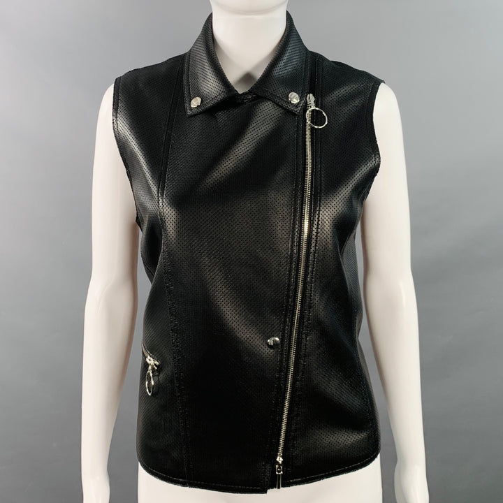 AKRIS Size 8 Black Perforated Lambskin Leather Zip Up Vest