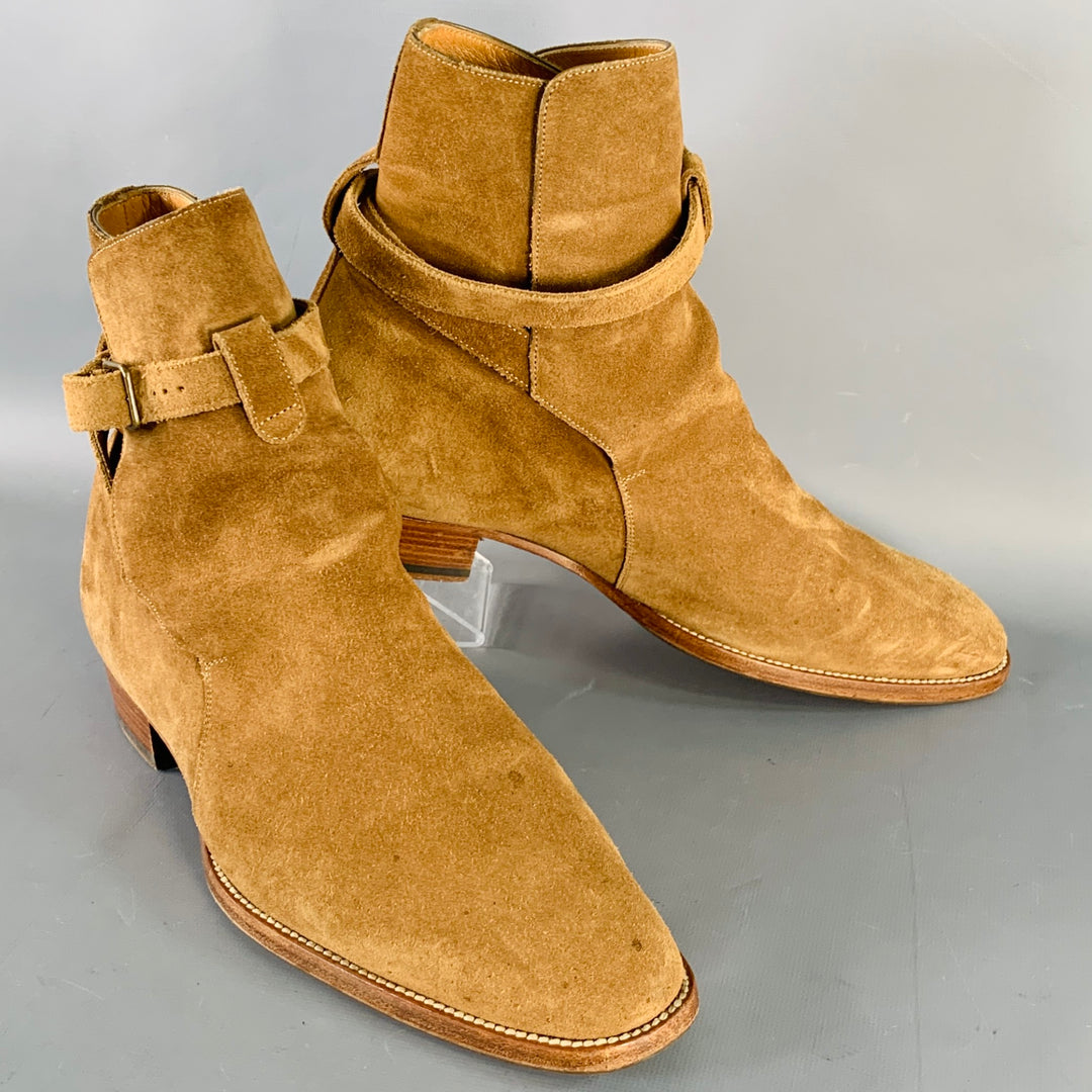 SAINT LAURENT Size 8 Hedi Strap Tan Suede Harness Boots