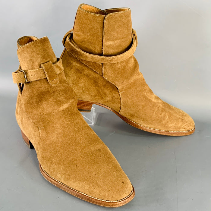 SAINT LAURENT Size 8 Hedi Strap Tan Suede Harness Boots