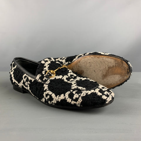 GUCCI Size 11.5 Black White Tweed Monogram Leather Slip On Flats