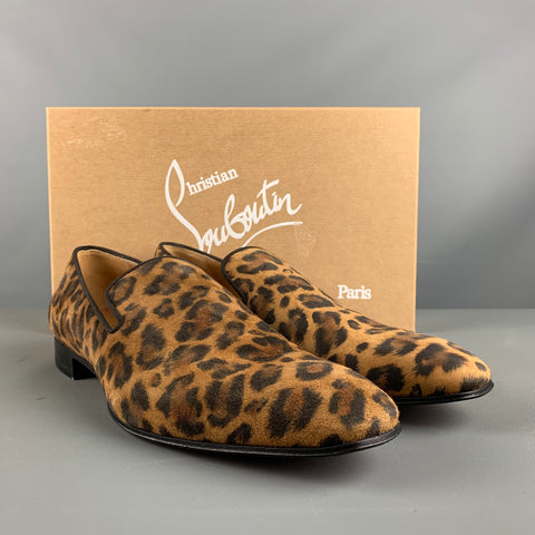 CHRISTIAN LOUBOUTIN Size 9 Brown Black Leopard  Print Velour Slip On Loafers
