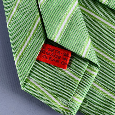 ISAIA Green White Diagonal Stripe Silk Tie