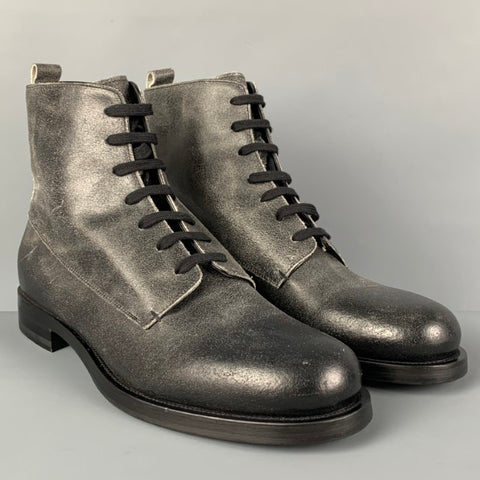 EMPORIO ARMANI Size 10 Black Distressed Leather Lace-Up Boots