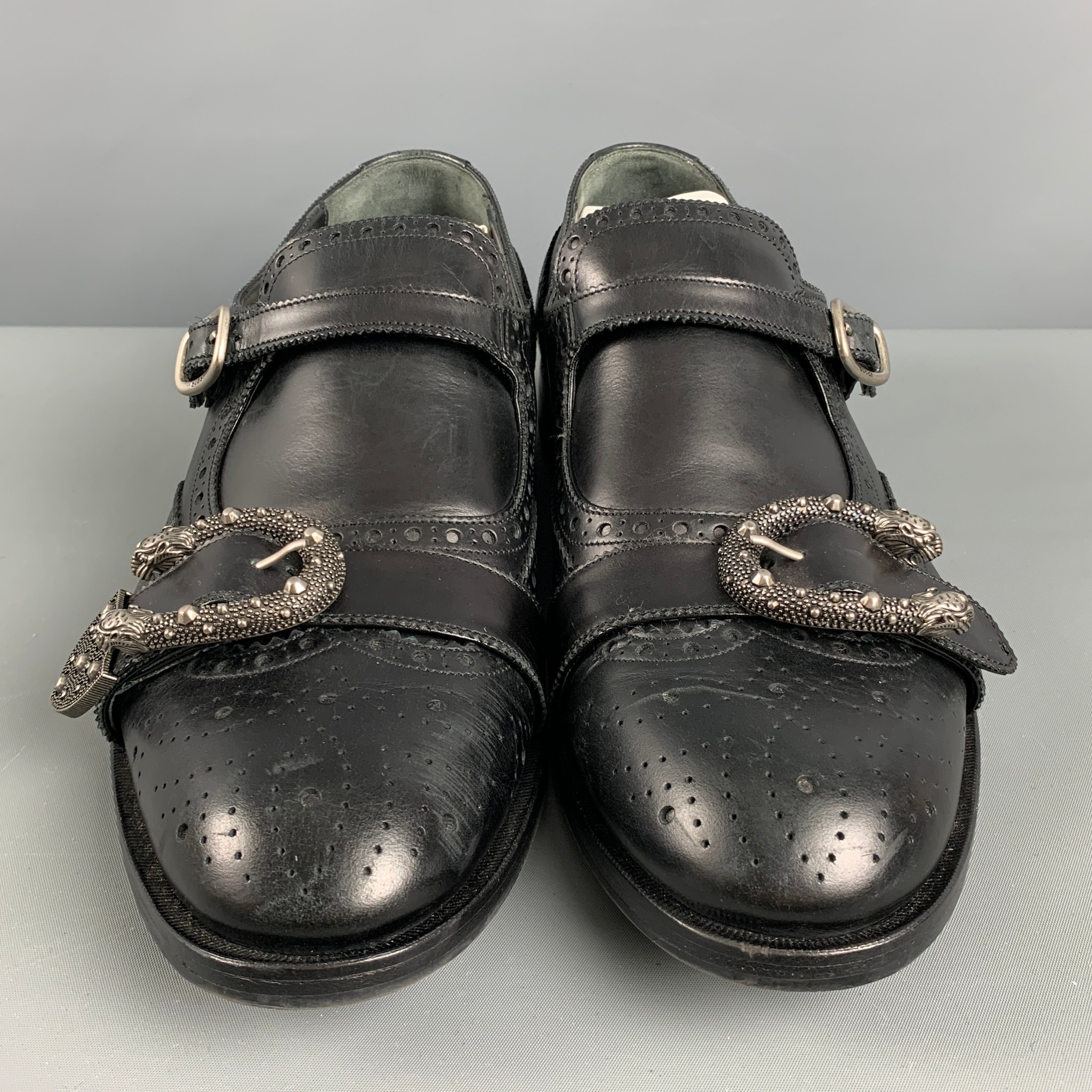 GUCCI Size 11.5 Black Wingtip Leather Double Monk Strap Loafers