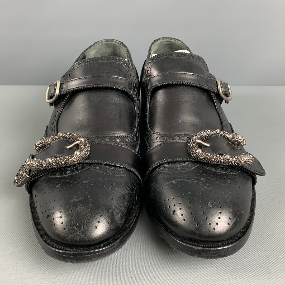 GUCCI Size Black Wingtip Leather Double Monk Strap Loafers