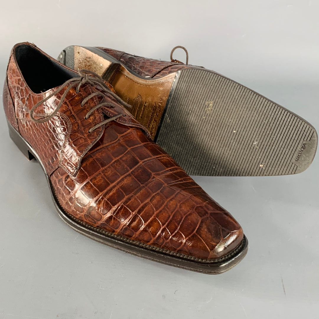 MEZLAN Size 11 Luciano Brown Alligator Leather Derby Lace-Up Shoes