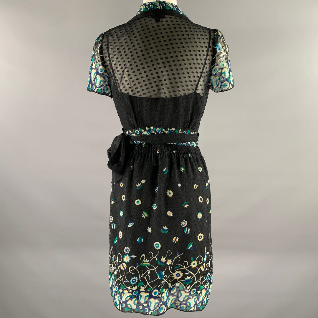 ANNA SUI Size 4 Black Blue Silk Floral Midi Knee-Length Dress