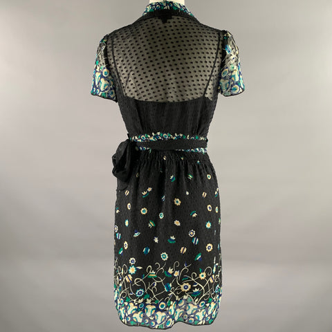 ANNA SUI Size 4 Black Blue Silk Floral Midi Knee-Length Dress